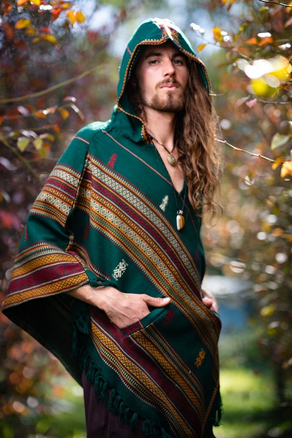 Mens Hooded Poncho Green Cashmere Wool 