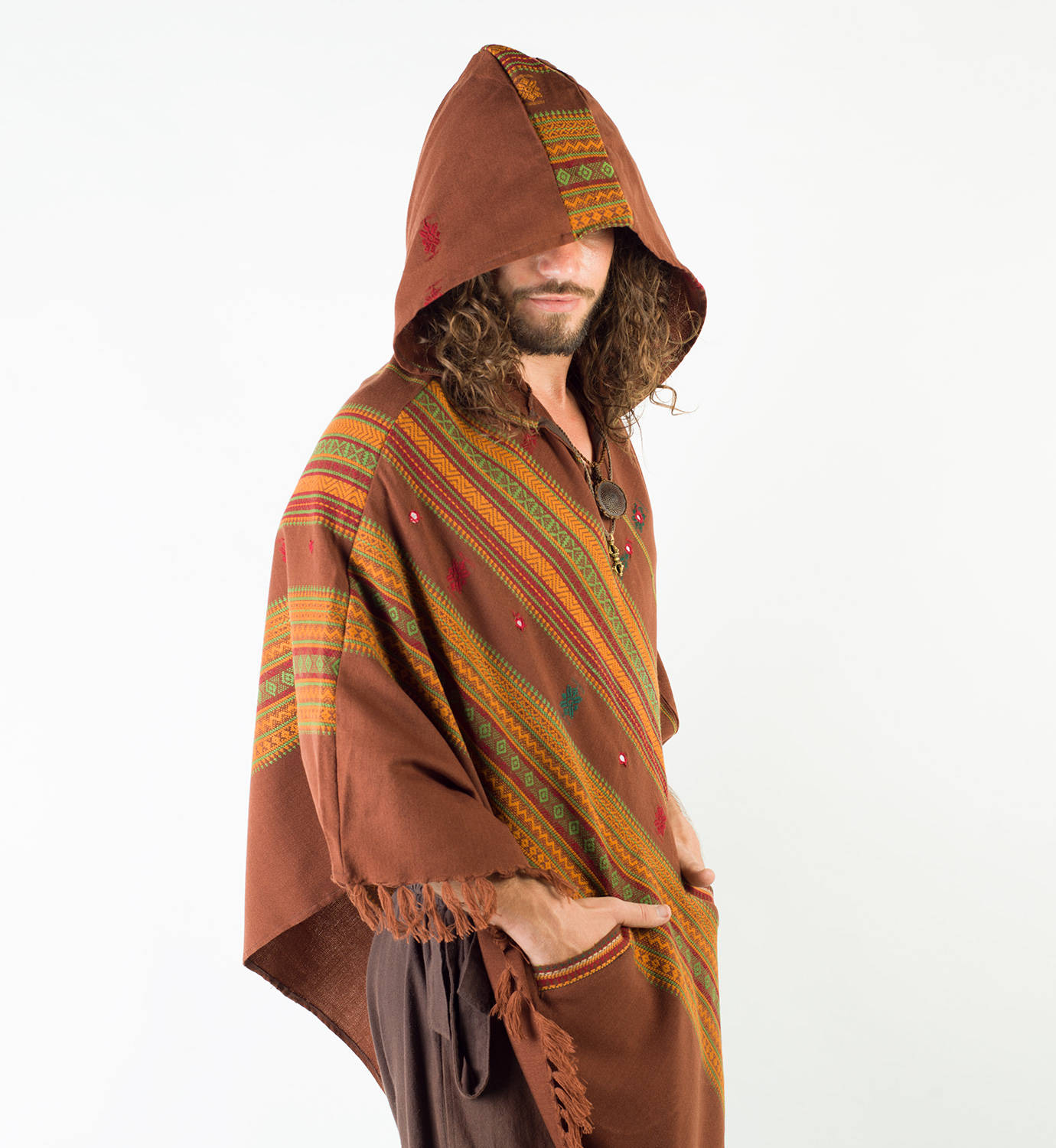 HODDI Mens Poncho Handmade Brown Cashmere and Acrylic Wool Hood Earthy