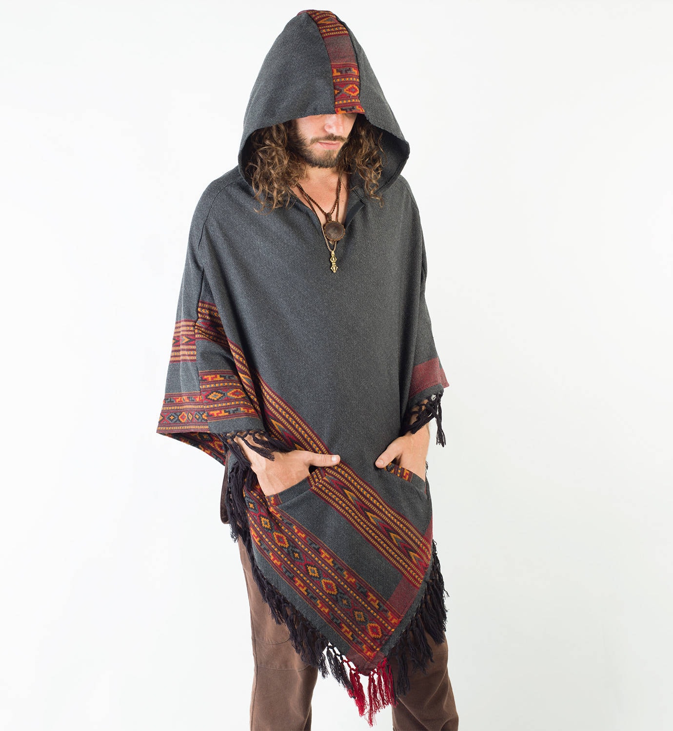 SAMADHI Dark Grey Mens Poncho Yak Wool and Acrylic Wool Blend Handmade