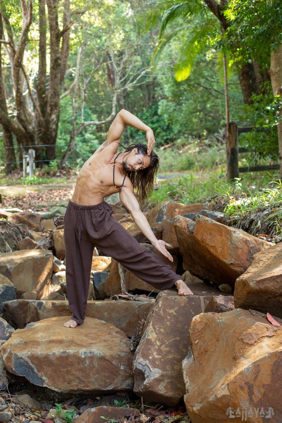 YUGI Brown Mens Cotton Yoga Pants Natural Plant Dyed Pockets Yogi