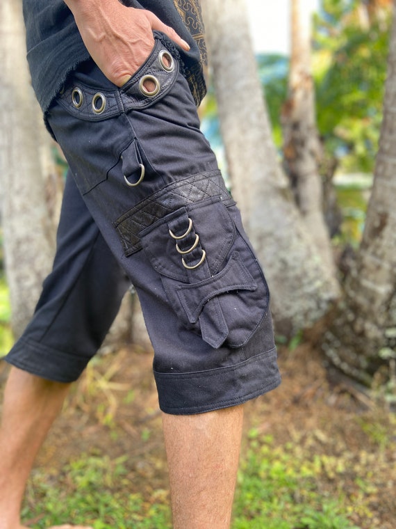 DAKRU Black Cargo Mens Pants Shorts Below Knee Tactical Functional Many  Pockets Festival Tribal Nomadic Rave Steampunk Short Trousers AJJAYA -   Canada
