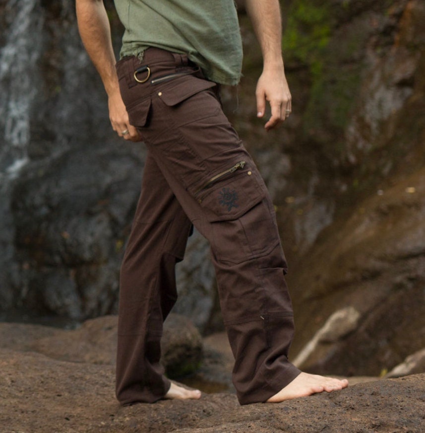 Dark Brown Long Kru Cargo Goa Functional Pants, Trousers Many Pockets and zips Rave Gypsy