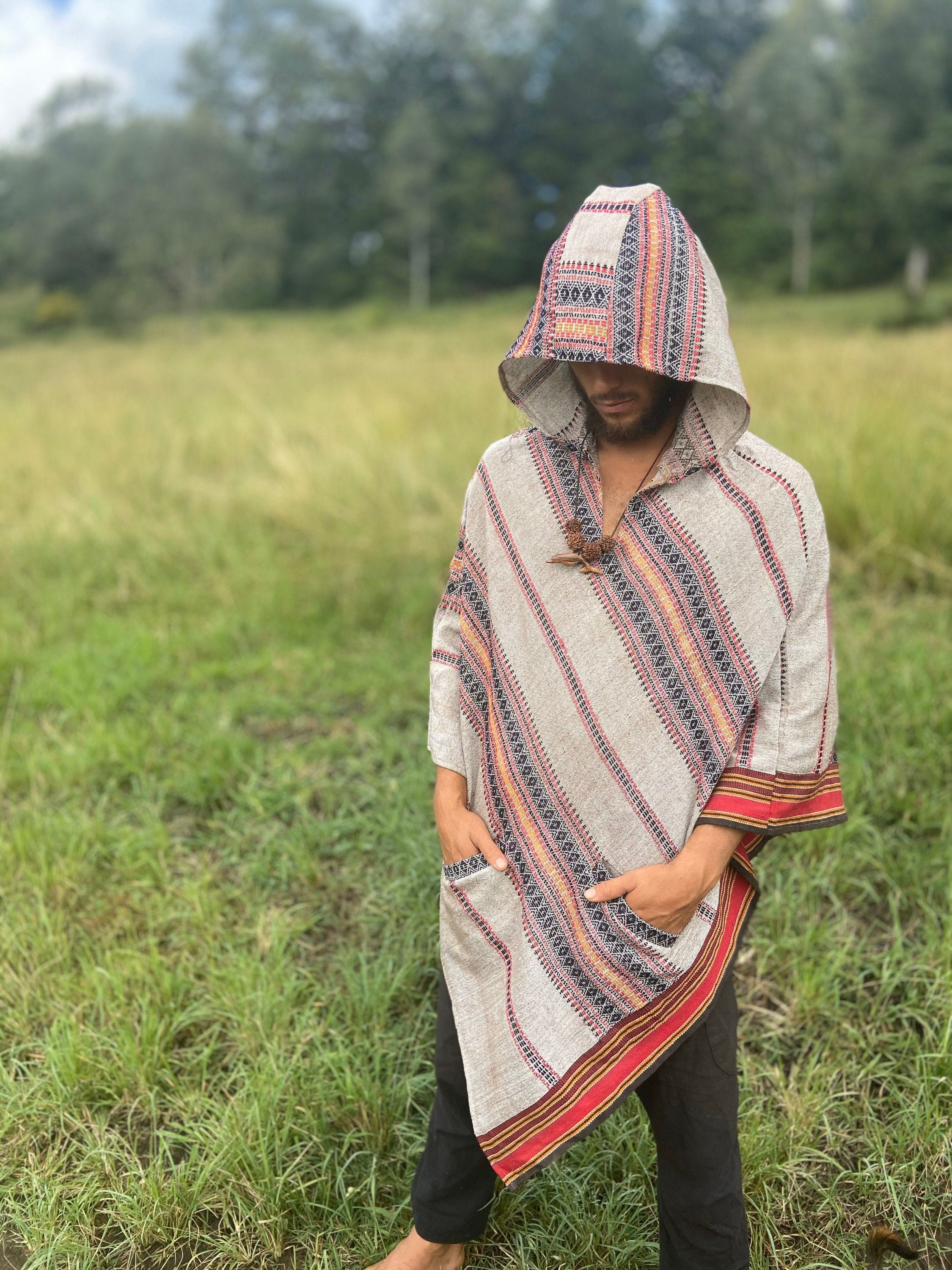 Light Grey Hooded Poncho with Hood Cashmere Wool Earthy Tribal Pattern