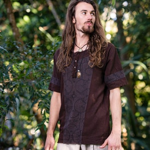 Mens WASKA Top Beige Brown Sacred Plant Shipibo Shaman Pattern T Shirt Shamanic Neo Tribal Gypsy Ritual Shaman Ethnic Handmade AJJAYA Brown