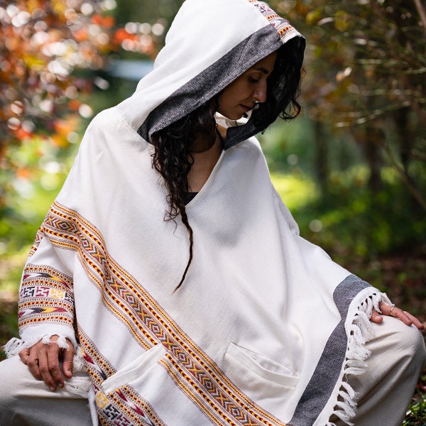 SAMADHI Womens Hooded Poncho Pure White Cashmere Yak Wool and Acrylic Wool Blend Tribal Embroidery Large Hood Two Pockets Shaman AJJAYA