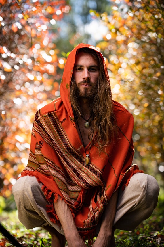 Mens Orange Hooded Cashmere Wool Poncho 