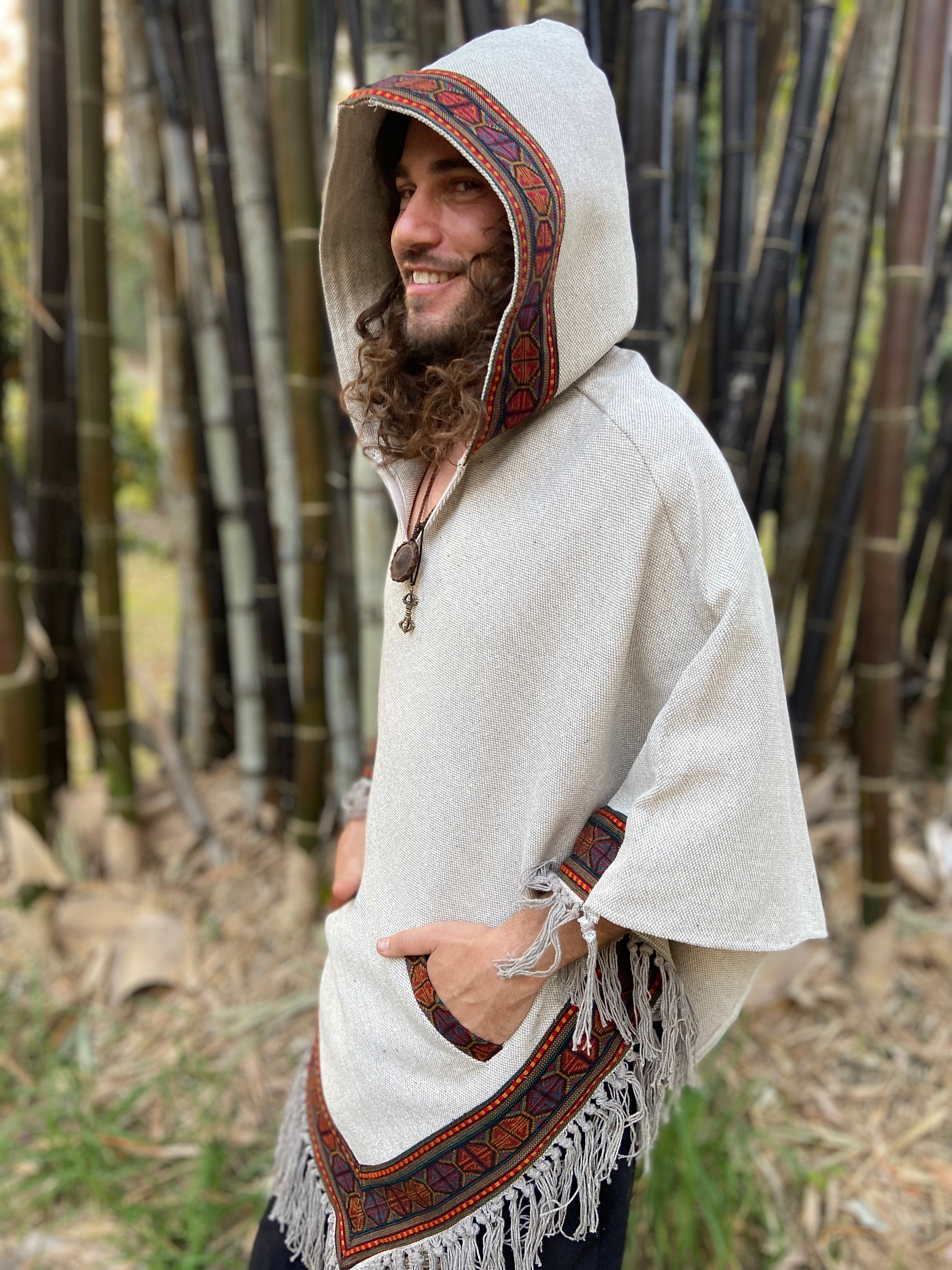 Mens Hooded Poncho Pixie Beige Vegan Cotton Handwoven Pockets Gypsy