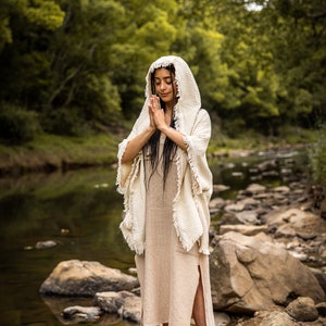 WIZARD Ceremony Womens Hooded Kimono Vest Ivory Beige Tribal Ritual Gypsy Festival Magic Ritual Alchemy Primitive Rave Boho Earthy AJJAYA