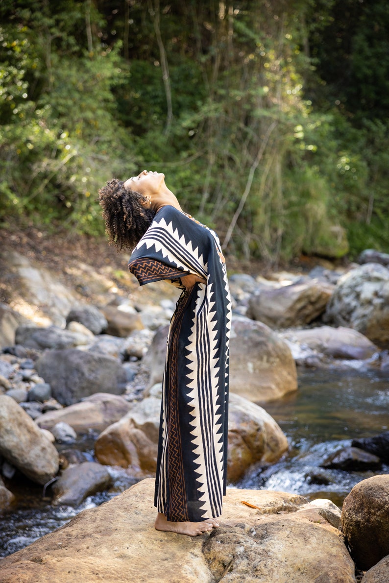 ELGA Kaftan Maxi Long Dress Soft Breathable Rayon Fabric Tribal Black White African Patterns Boho Festival Elegant Shamanic AJJAYA image 4