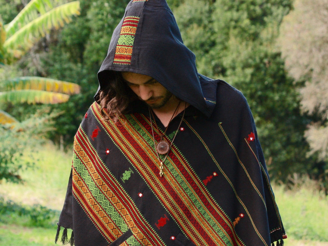 Black Poncho With Hood Kashmiri Wool Earthy Tribal Pattern - Etsy
