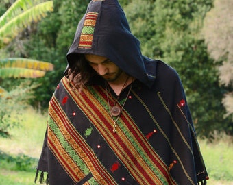 Black Poncho with Hood Kashmiri Wool, Earthy Tribal Pattern Festival Gypsy AJJAYA Mens Wear Winter Warm Primitive Nomadic Mexican pockets