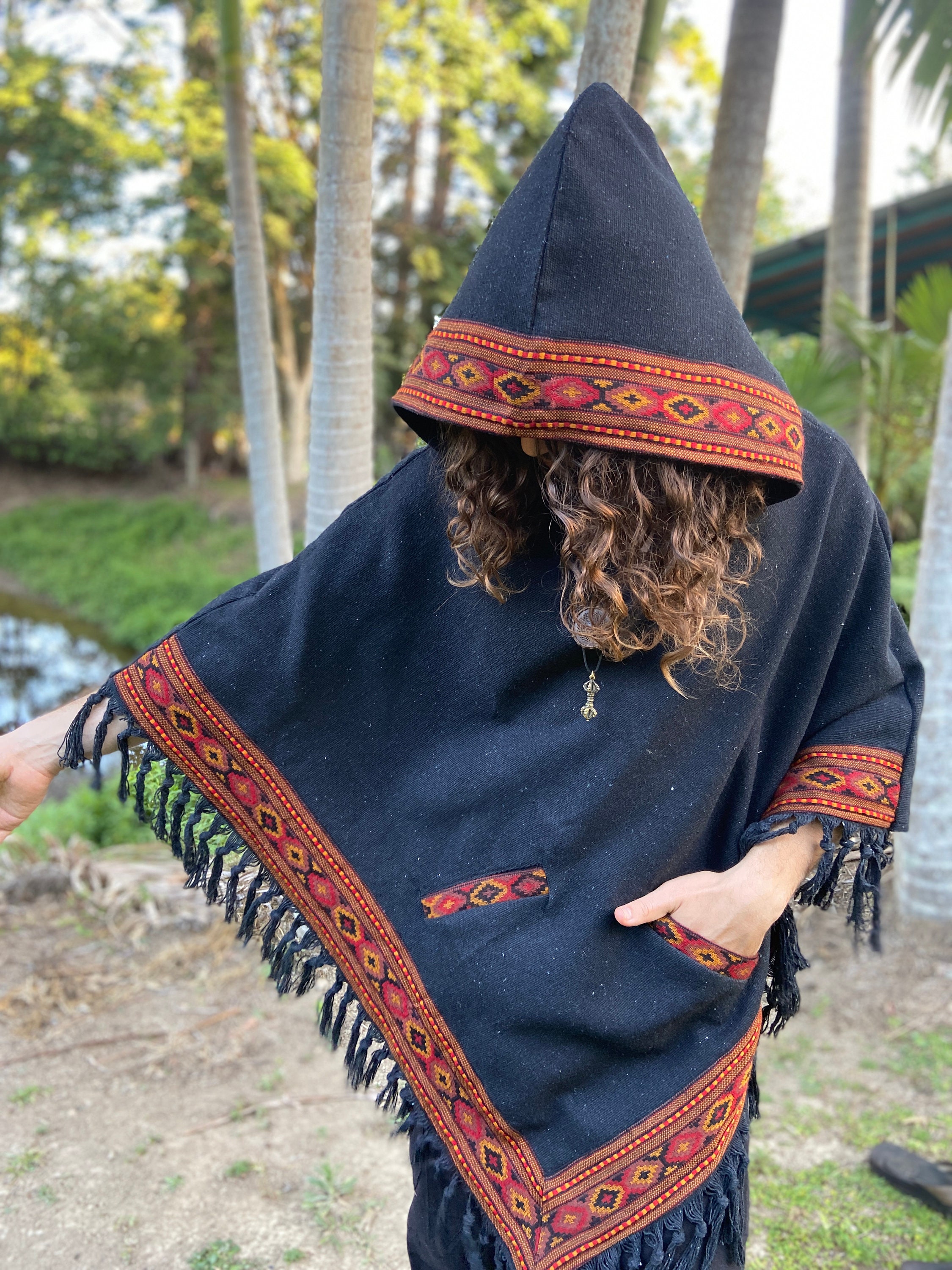 Mens Hooded Poncho Pixie Black Vegan Cotton Handwoven Pockets Gypsy