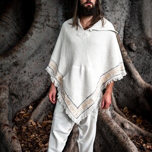 VECHO Beige Mens Hooded Vegan Poncho Textured Cotton with Hood Block Printed Tribal Pattern Gypsy Festival Boho ceremony ritual AJJAYA