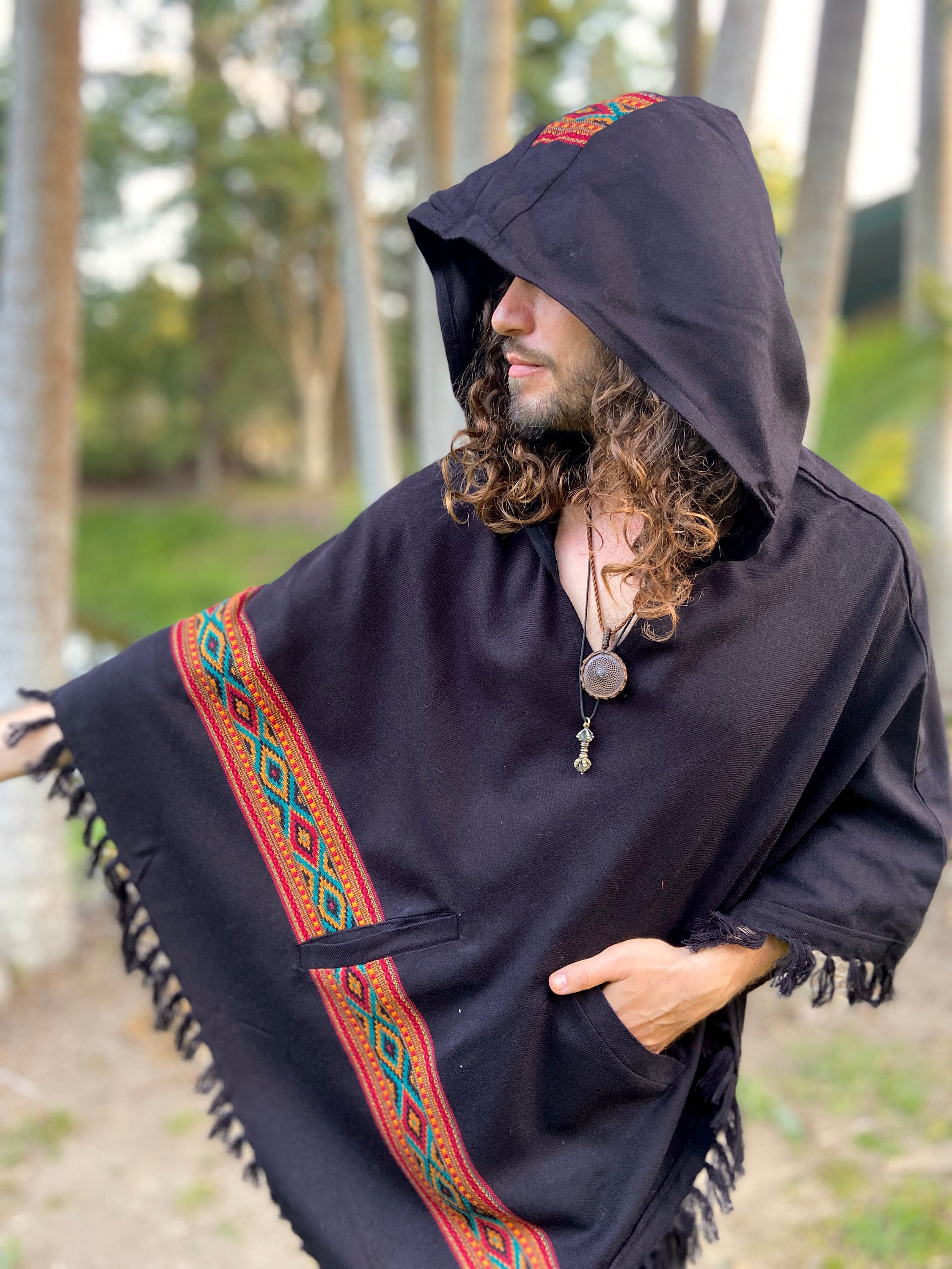 Men Hooded Cape Cloak Poncho Jacket Coat Fashion Streetwear Outwear Top