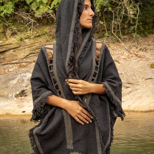 WIZARD Womens Hooded Kimono Vest Tribal Ritual Ceremony Shamanic Gypsy Festival Alchemy Primitive Rave Boho Earthy AJJAYA