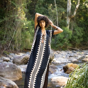 ELGA Kaftan Maxi Long Dress Soft Breathable Rayon Fabric Tribal Black White African Patterns Boho Festival Elegant Shamanic AJJAYA image 10