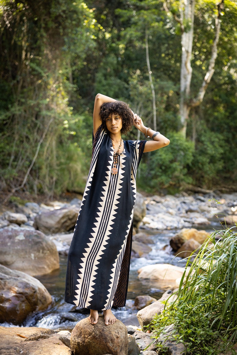 ELGA Kaftan Maxi Long Dress Soft Breathable Rayon Fabric Tribal Black White African Patterns Boho Festival Elegant Shamanic AJJAYA image 10