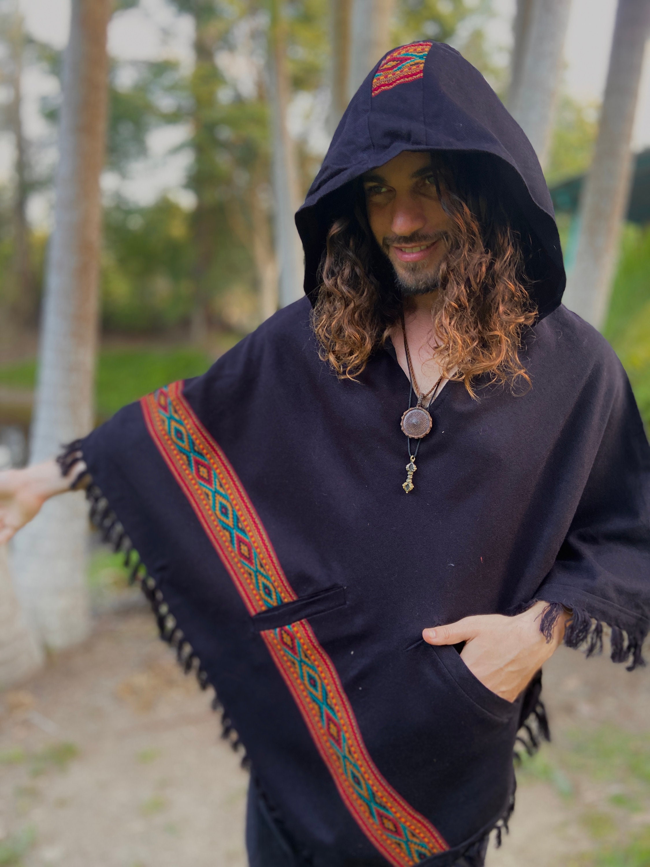 UPEKKHA Hooded Poncho with Hood Black Handwoven Pockets Wool Cashmere ...