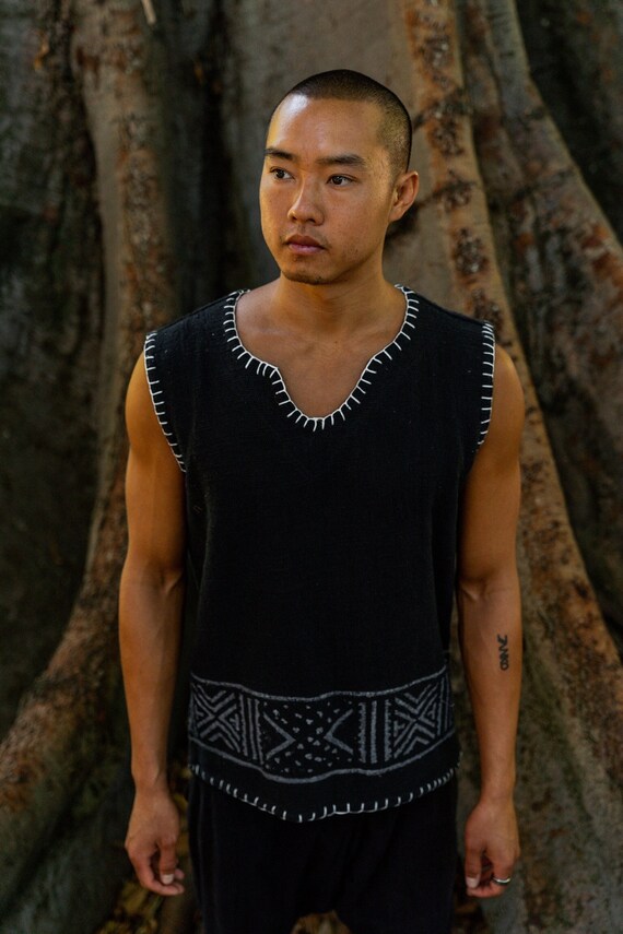 KAURI Black Mens Sleeveless Tank Top Handmade Muscle Gypsy Earthy