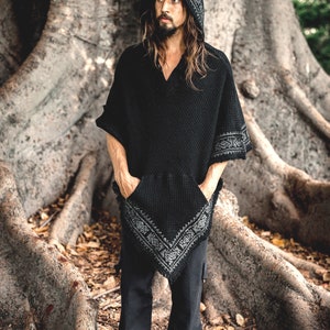 VECHO Poncho Beige Mens Hooded Vegan Textured Cotton with Hood Block Printed Tribal Pattern Gypsy Festival Boho ritual AJJAYA