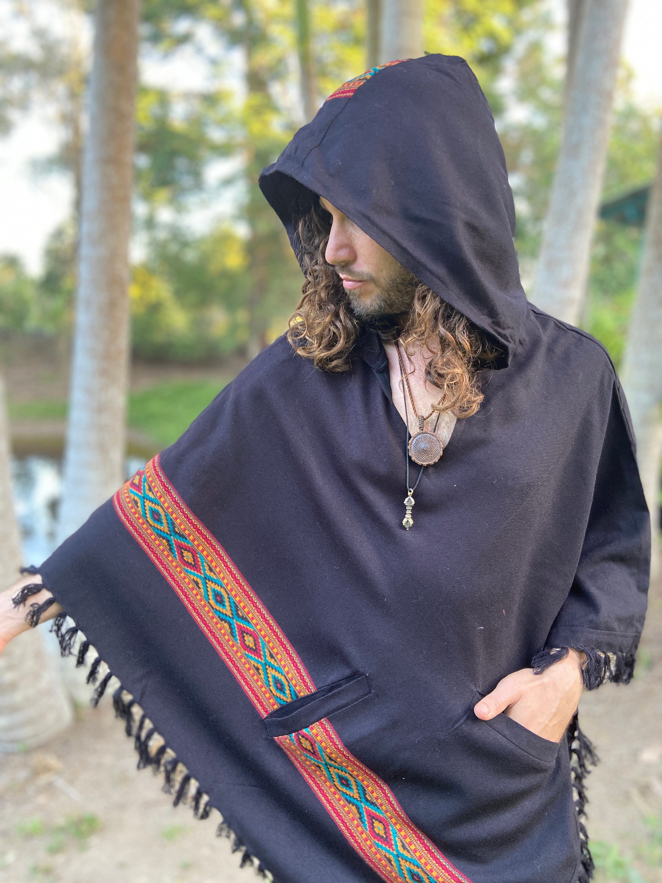 UPEKKHA Hooded Poncho with Hood Black Handwoven Pockets Wool Cashmere ...