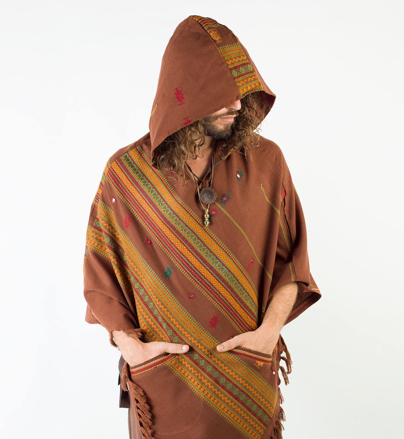 HODDI Mens Poncho Handmade Brown Cashmere and Acrylic Wool Hood