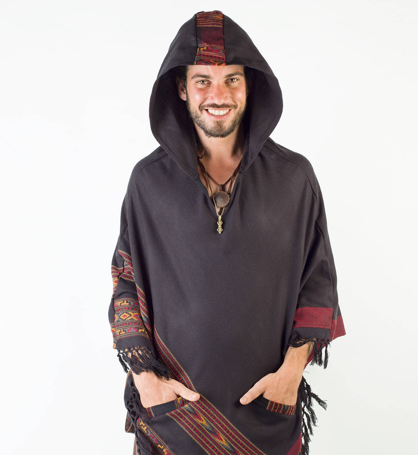 SAMADHI Black Poncho Mens Cashmere and Acrylic Wool Blend Handmade
