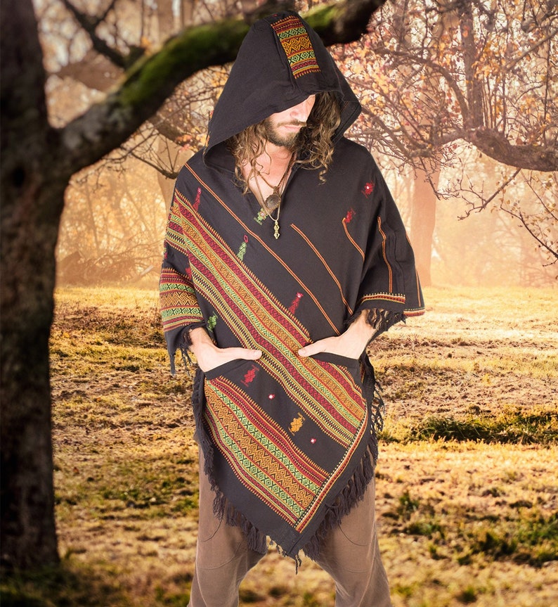 Mens Black Poncho With Large Hood Cashmere Wool Earthy Tribal - Etsy