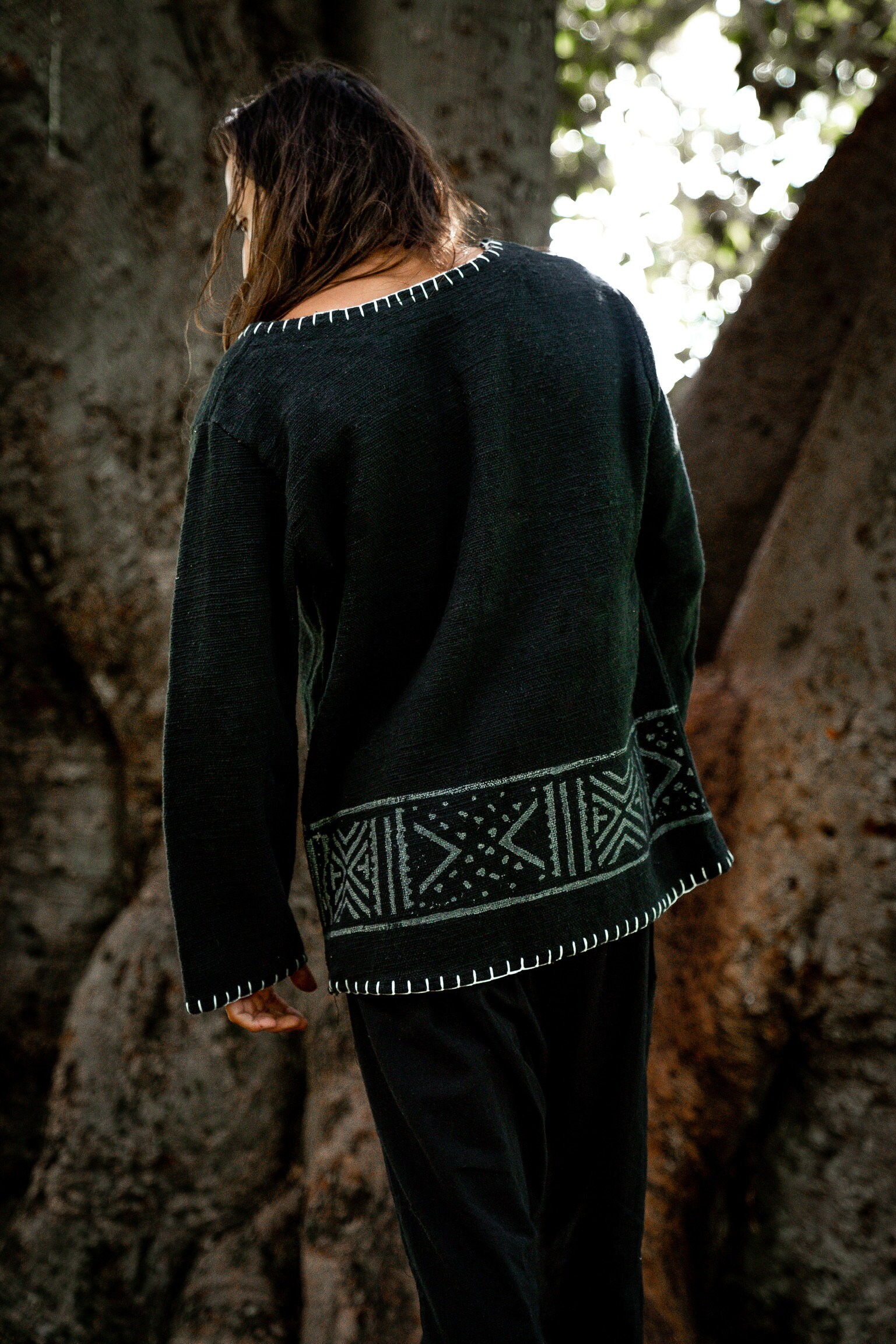 KAURI LONG Sleeve Black Mens Top Handmade Muscle Gypsy Earthy Shirt, Tribal Jungle Natural Savage Festival Rave AJJAYA Nomadic Primitive main image 1