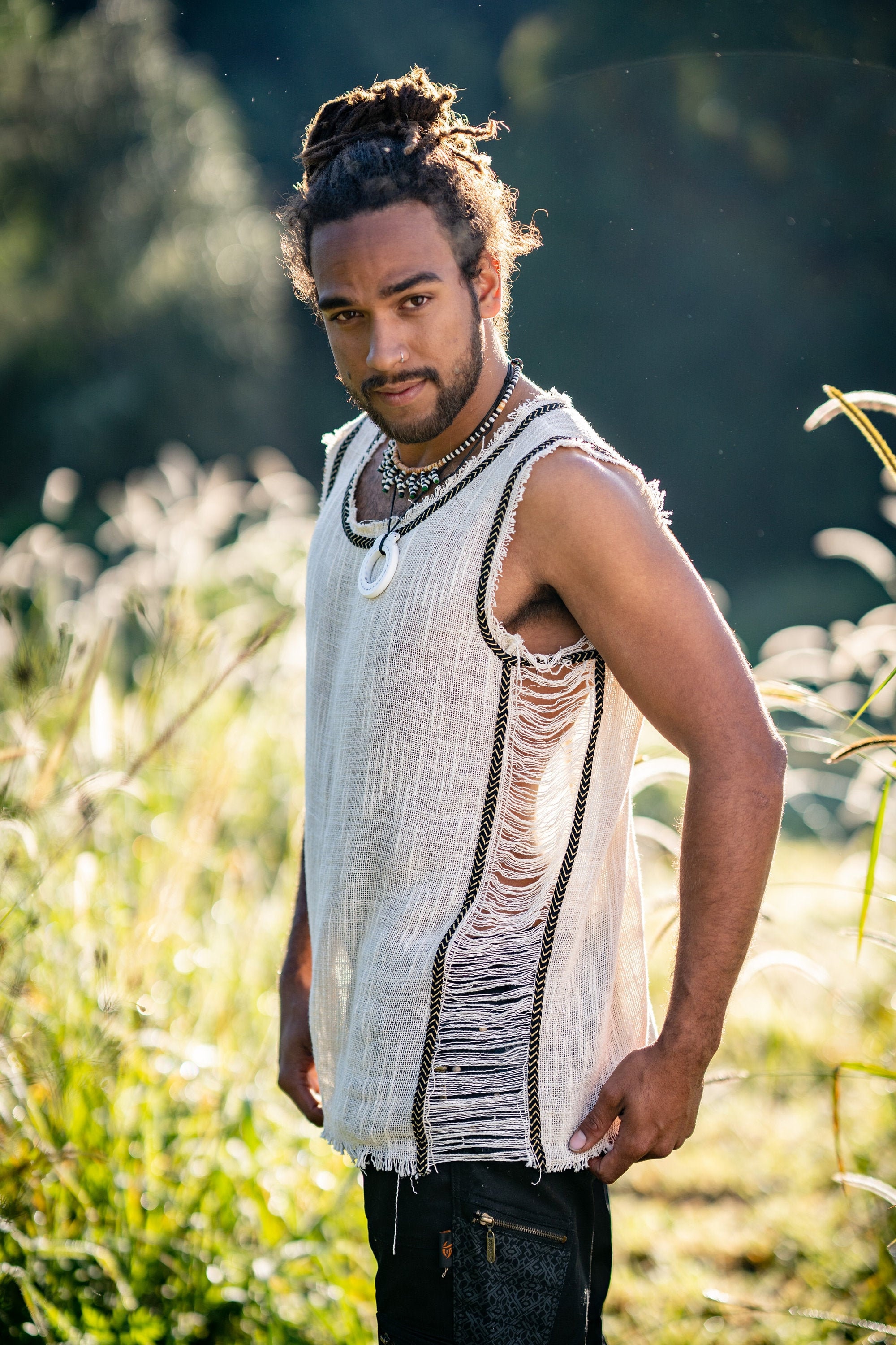 Black Printed Tank Top for men Boho Hippie