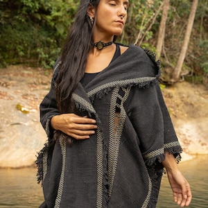 WIZARD Womens Black Hooded Kimono Vest Tribal Ritual Ceremony Shamanic Gypsy Festival Magic Ritual Alchemy Primitive Rave Boho Earthy AJJAYA