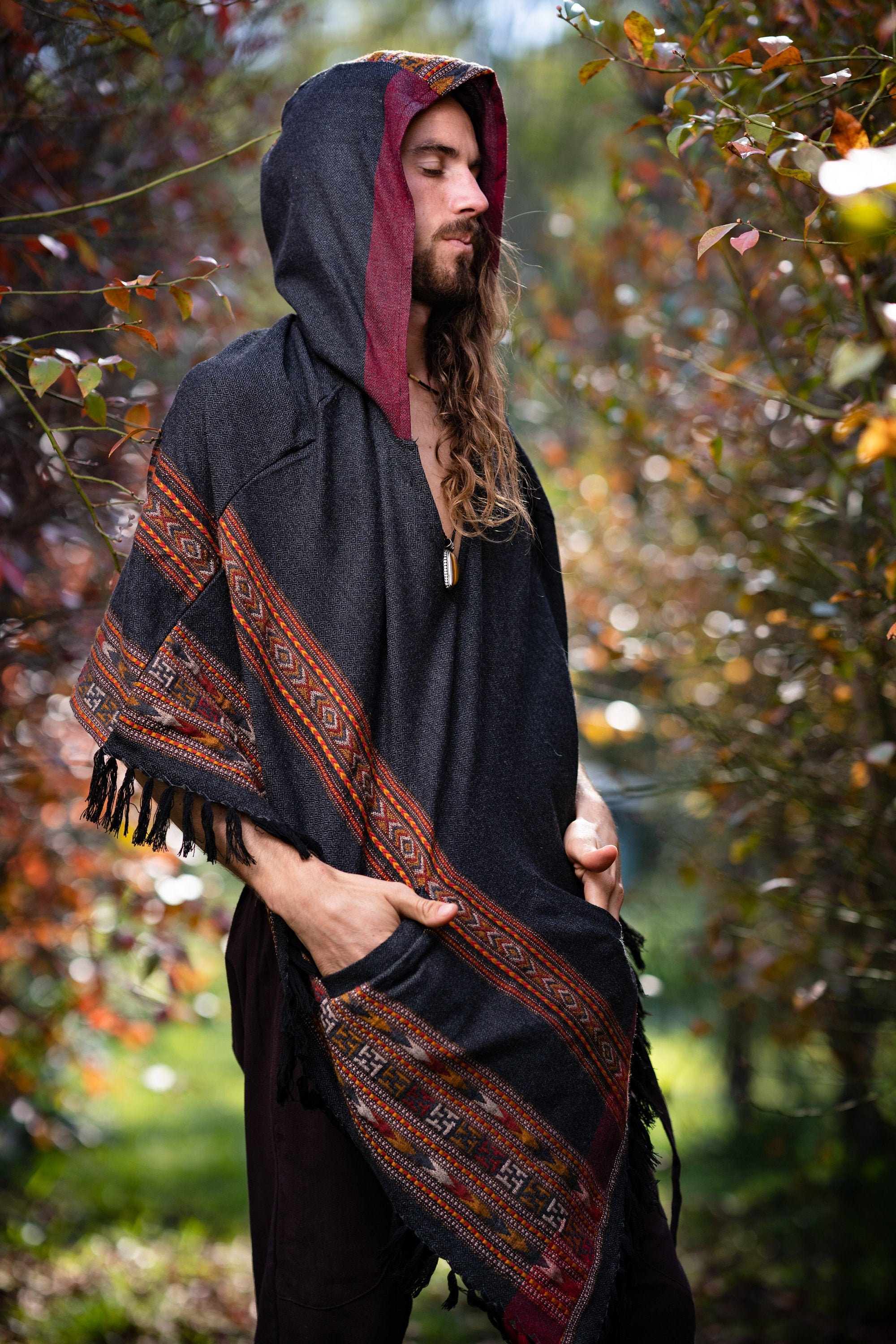 Mens Hooded Poncho Green Cashmere Yak Wool Pockets Tribal Embroidery Celtic Gypsy Alternative Festival Mexican Primitive Large Hood AJJAYA 