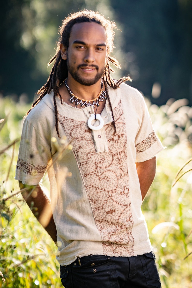 Mens WASKA Top Beige Brown Sacred Plant Shipibo Shaman Pattern T Shirt Shamanic Neo Tribal Gypsy Ritual Shaman Ethnic Handmade AJJAYA image 3