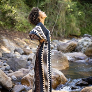 ELGA Kaftan Maxi Long Dress Soft Breathable Rayon Fabric Tribal Black White African Patterns Boho Festival Elegant Shamanic AJJAYA image 9