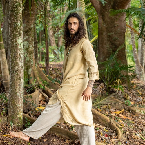 YOSEPH shops Beige Aramaic Gown Kurta Long Top Mens Dress Shirt Biblical Natural Cotton Handwoven Block Print Natural Plant Dye Ceremony AJJAYA
