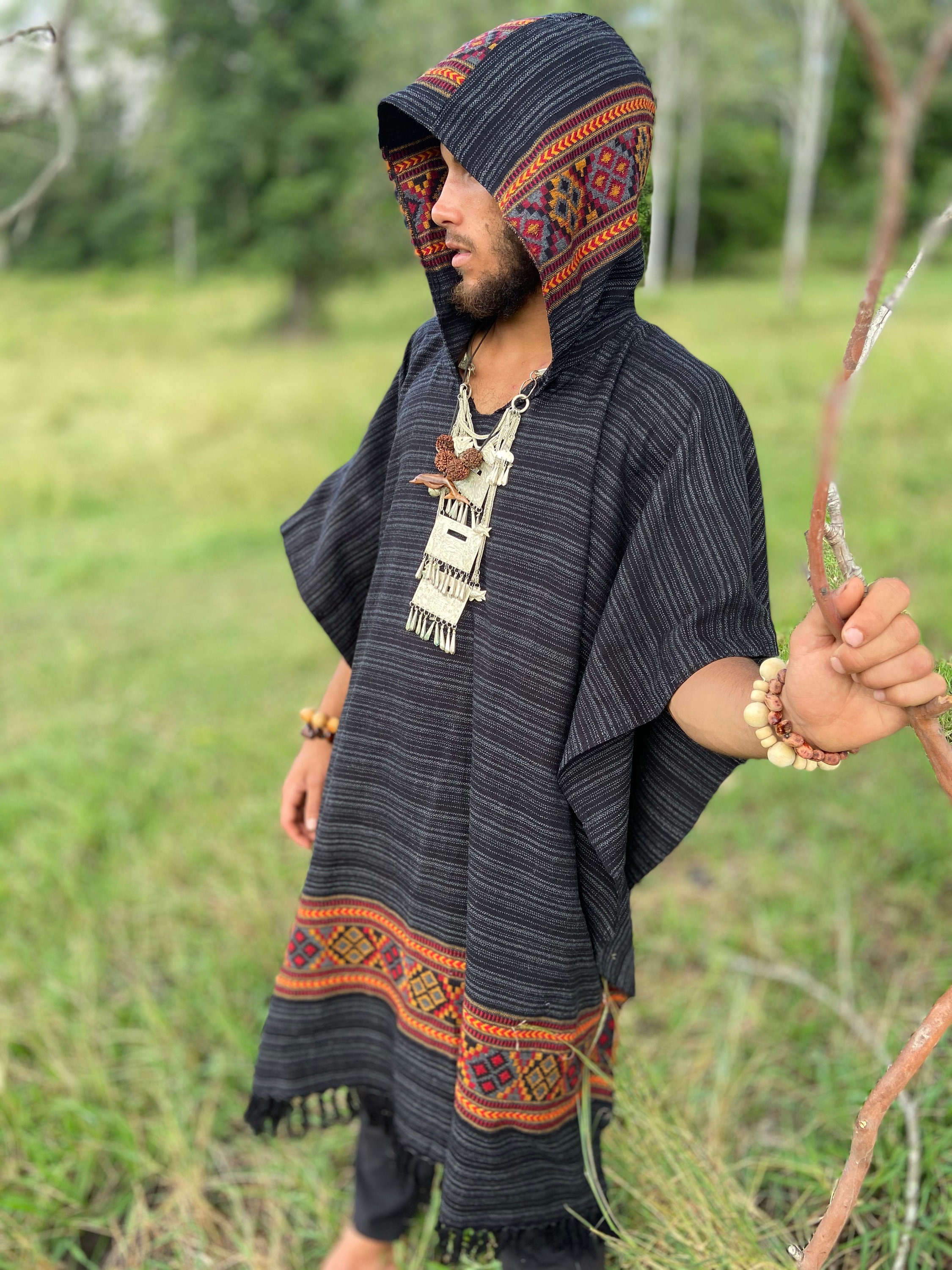Mens Hooded Poncho Long Grey and Black 