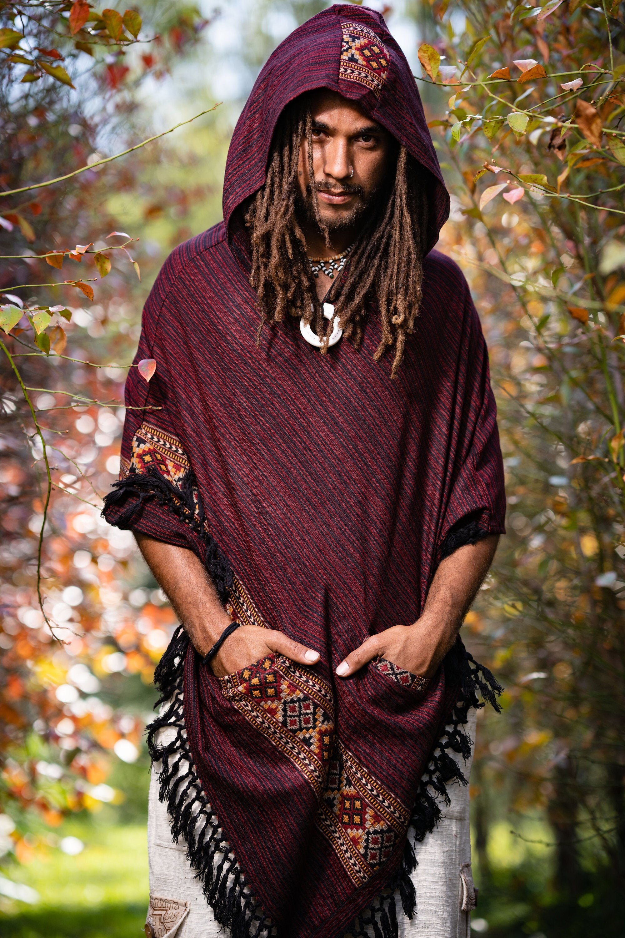 JHANA Mens Hooded Poncho Large Hood Red Crimson Yak Wool and Acrylic