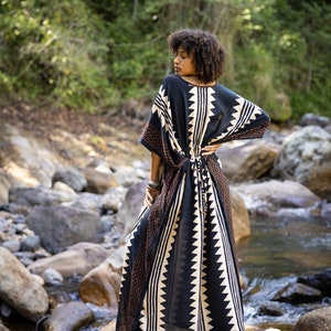 ELGA Kaftan Maxi Long Dress Soft Breathable Rayon Fabric Tribal Black White African Patterns Boho Festival Elegant Shamanic AJJAYA image 6