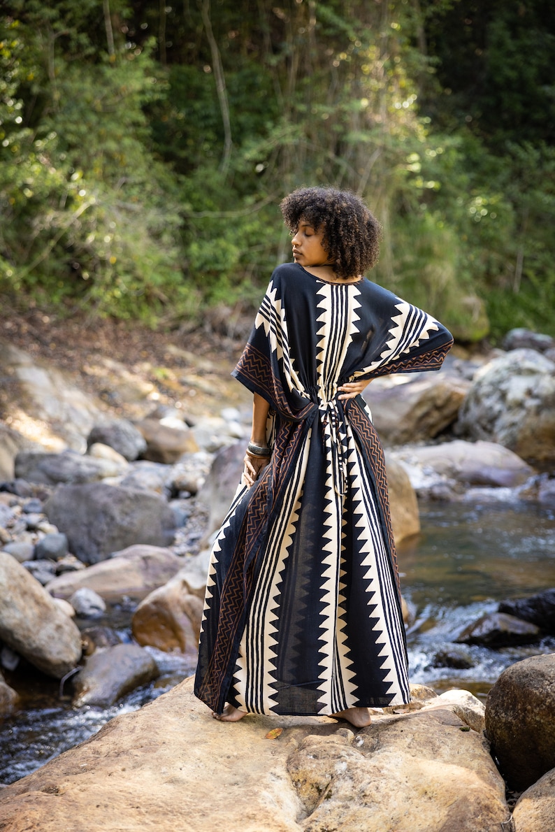 ELGA Kaftan Maxi Long Dress Soft Breathable Rayon Fabric Tribal Black White African Patterns Boho Festival Elegant Shamanic AJJAYA image 6