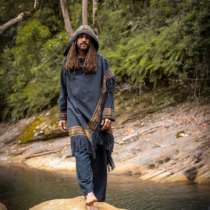 JUBBA Black Men's Hooded Cloak Long Sleeve Poncho Jacket Festival Tribal Dystopian Apocalyptic Block Printed Handmade AJJAYA