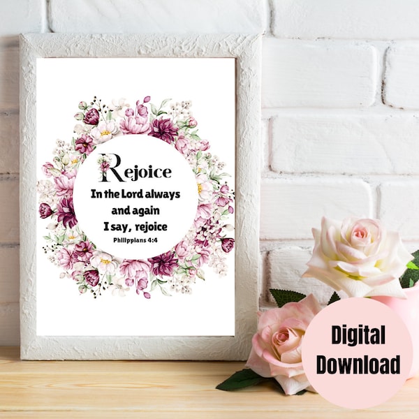 Rejoice in the Lord Always printable wall art, Philippians 4:4, Christian gift, home decor