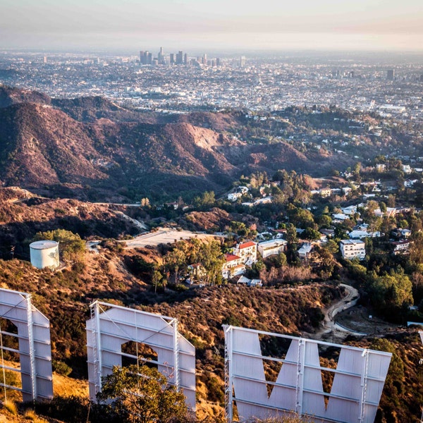 Back of the Hollywood Sign Photo, overlooking Downtown Los Angeles and Griffith Observatory