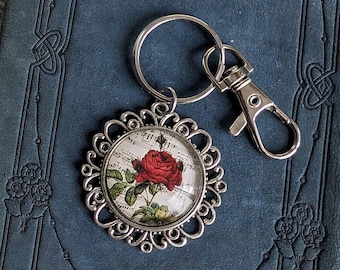 Red Rose Keychain: Vintage Style Floral Bag Charm, Fairy Tale Gift