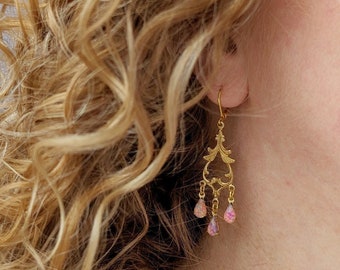 Pink Victorian Earrings, Ornate Gold Plated Pendants with Faux Opal Dangles