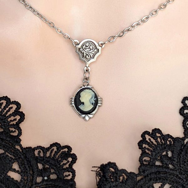 Dainty Cameo Necklace: Art Deco Silver Pendant, Vintage Style Gothic Jewelry