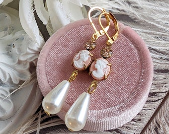 Pink Cameo Pearl Earrings, Victorian Jewelry, Romantic Vintage Style, Regency Jewelry, Pearlcore, Girlfriend Gift
