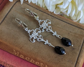 Gothic Black Bead Earrings, Silver Floral Earrings, Victorian Jewelry, Regency Era, Vintage Style