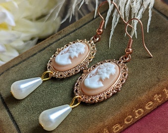 Peach Cameo Pearl Earrings, 14k Rose Gold Plated Earrings, Victorian Jewelry, Romantic Vintage Style, Light Academia, Pearlcore