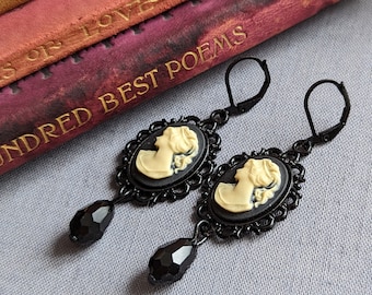 Black Cameo Dangle Earrings, Gothic Victorian Jewelry, Vintage Inspired, Dark Academia Literary Themed Accessories