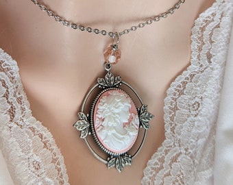 Pink Cameo Necklace, Victorian Cameo Pendant, Goddess Cameo Jewelry, Vintage Inspired, Vintage Wedding Necklace, Light Academia
